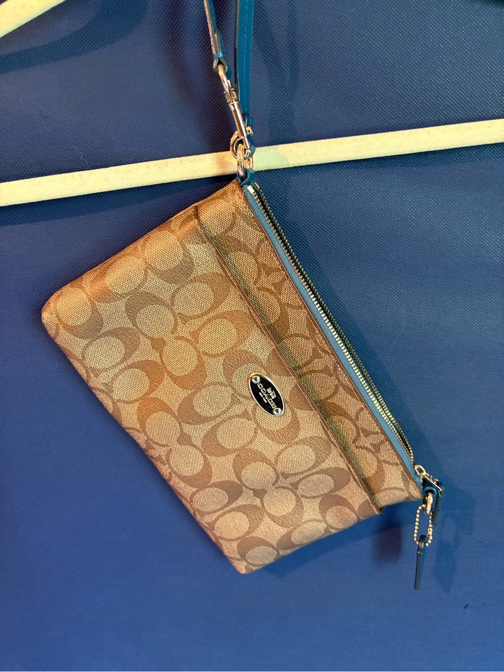 Coach Tan Signature Canvas Wristlet with Teal Trim